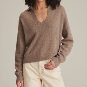 Naadam Recycled Cashmere Open Neck Polo Heathered Taupe size XS